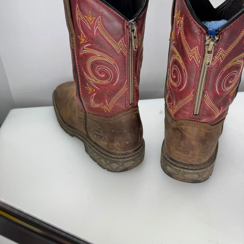 Georgia Boot Carbo Tec Western Work Boot Kids 6.5M Brown Red Pull On Square‎ Toe